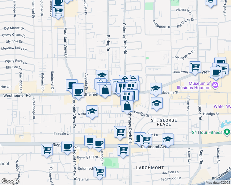 map of restaurants, bars, coffee shops, grocery stores, and more near 5727 Westheimer Road in Houston