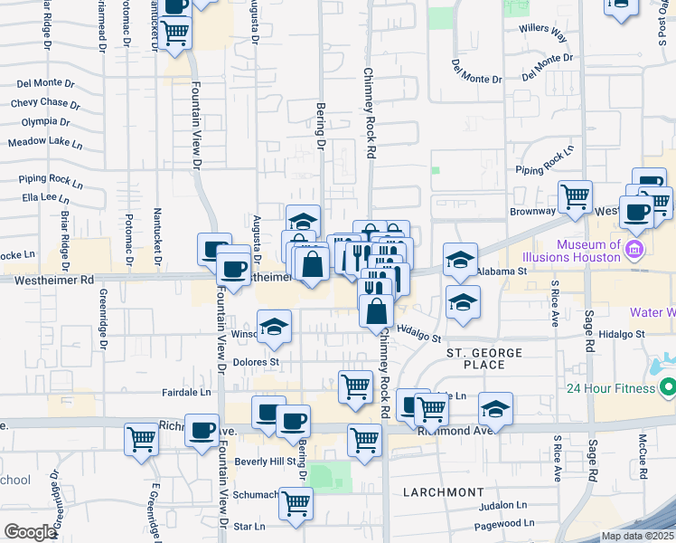 map of restaurants, bars, coffee shops, grocery stores, and more near 5727 Westheimer Road in Houston