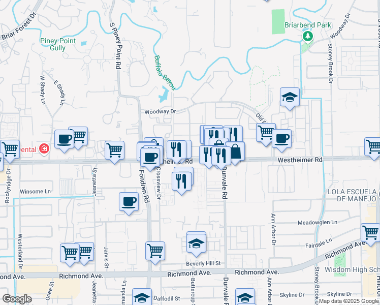 map of restaurants, bars, coffee shops, grocery stores, and more near 2601 Lazy Hollow Drive in Houston