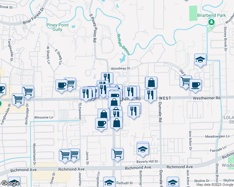 map of restaurants, bars, coffee shops, grocery stores, and more near 8811 Westheimer Road in Houston