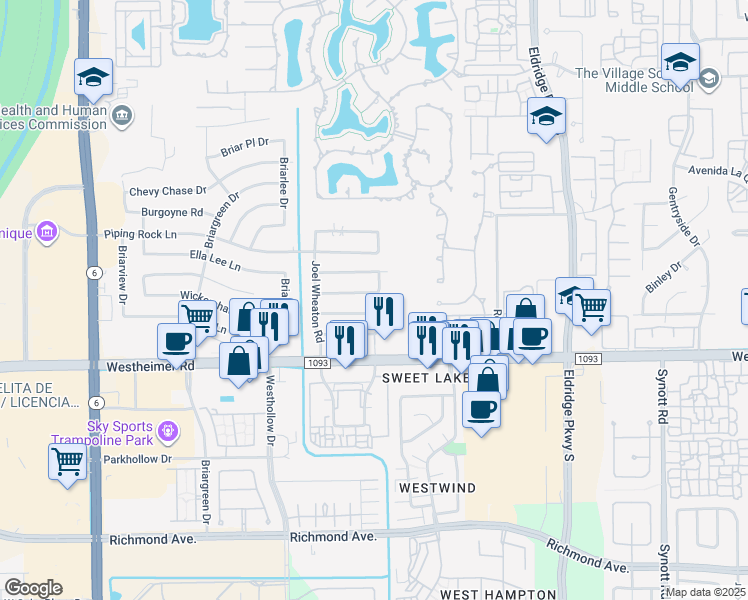 map of restaurants, bars, coffee shops, grocery stores, and more near 13722 Wickersham Lane in Houston