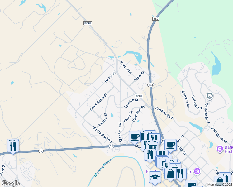 map of restaurants, bars, coffee shops, grocery stores, and more near 150 San Angelo Street in Bandera