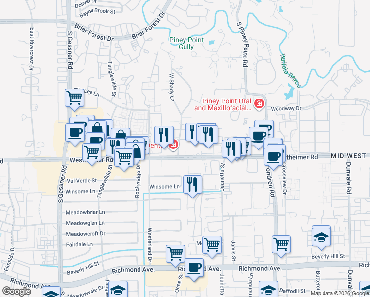 map of restaurants, bars, coffee shops, grocery stores, and more near 9400 Westheimer Road in Houston