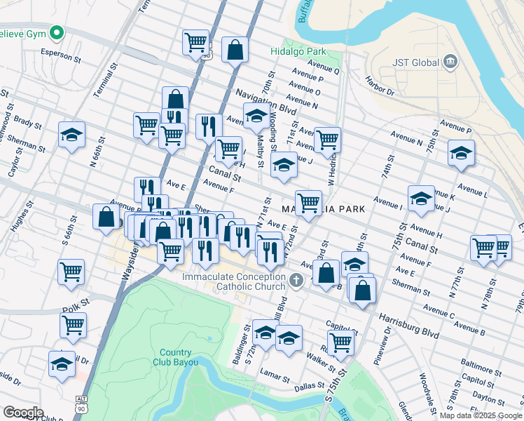 map of restaurants, bars, coffee shops, grocery stores, and more near 7044 Avenue E in Houston