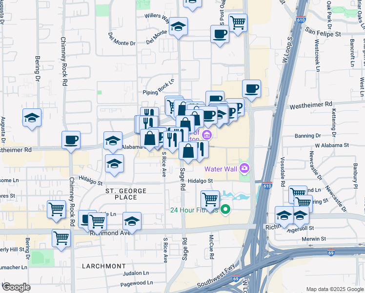 map of restaurants, bars, coffee shops, grocery stores, and more near W Alabama St & Sage Rd in Houston