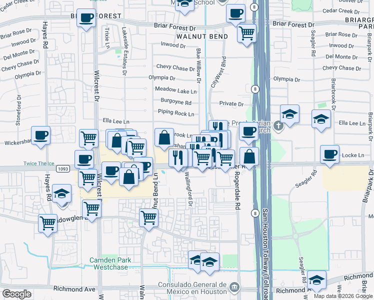 map of restaurants, bars, coffee shops, grocery stores, and more near 10614 Westheimer Road in Houston