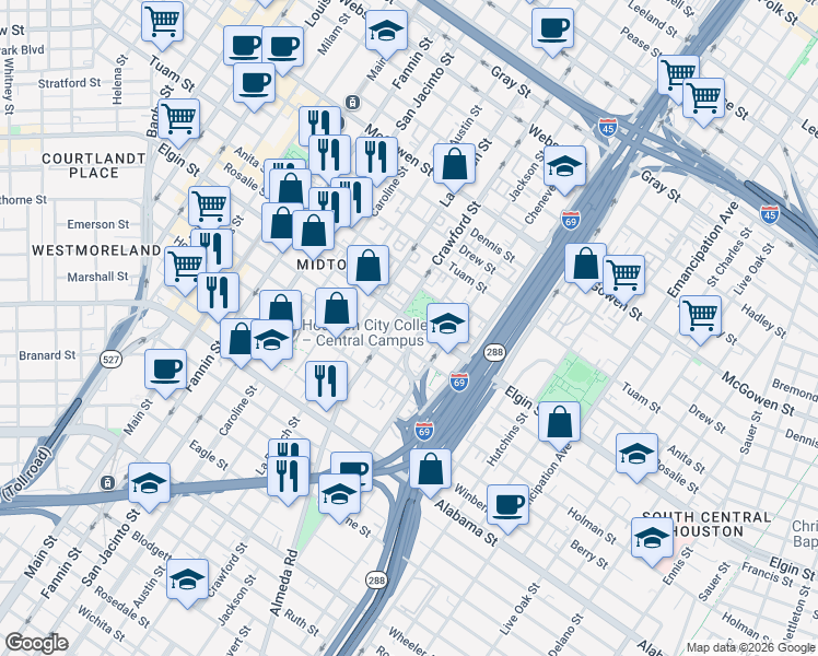 map of restaurants, bars, coffee shops, grocery stores, and more near 1629 Stuart Street in Houston
