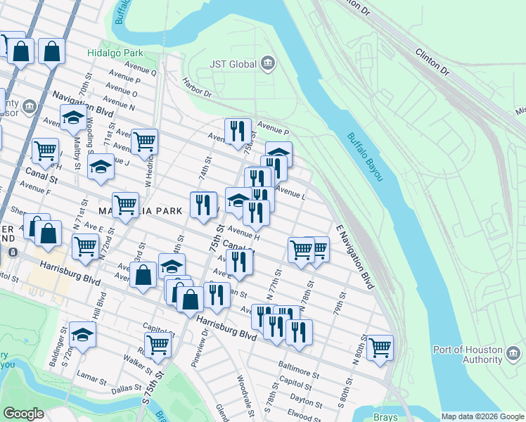 map of restaurants, bars, coffee shops, grocery stores, and more near 7607 Avenue I in Houston
