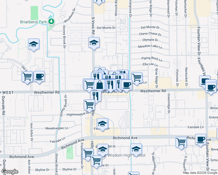 map of restaurants, bars, coffee shops, grocery stores, and more near 6427 Westheimer Road in Houston