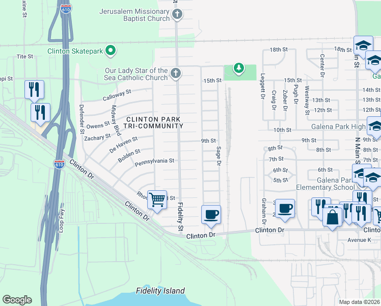 map of restaurants, bars, coffee shops, grocery stores, and more near 416 Pennsylvania Street in Houston