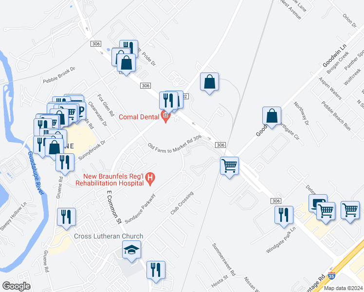 map of restaurants, bars, coffee shops, grocery stores, and more near 1957 Old Farm to Market Road 306 in New Braunfels