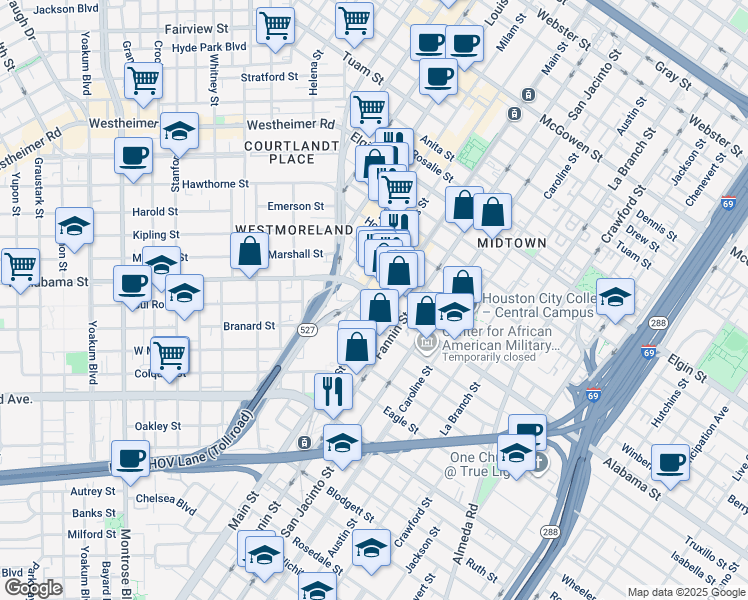 map of restaurants, bars, coffee shops, grocery stores, and more near 3800 Main Street in Houston