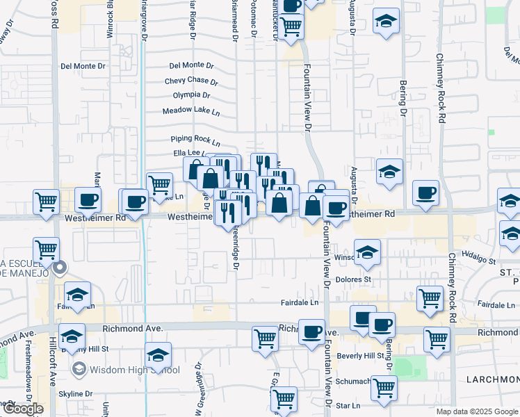 map of restaurants, bars, coffee shops, grocery stores, and more near 6019 Westheimer Road in Houston