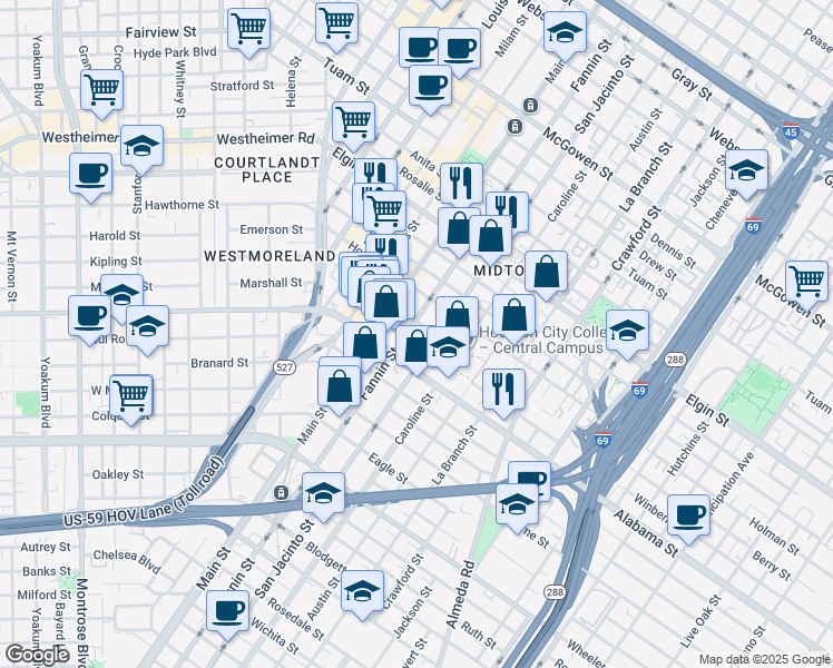 map of restaurants, bars, coffee shops, grocery stores, and more near 3601 Fannin Street in Houston