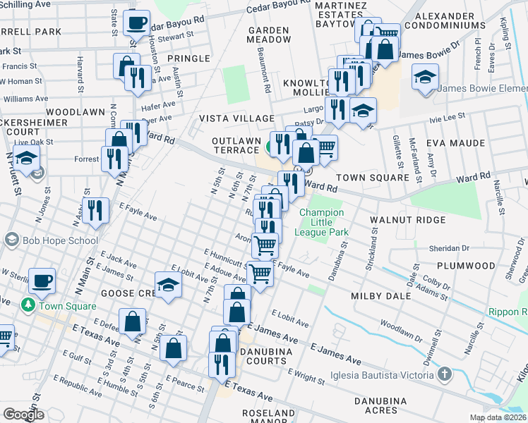 map of restaurants, bars, coffee shops, grocery stores, and more near 801 Ruth Street in Baytown