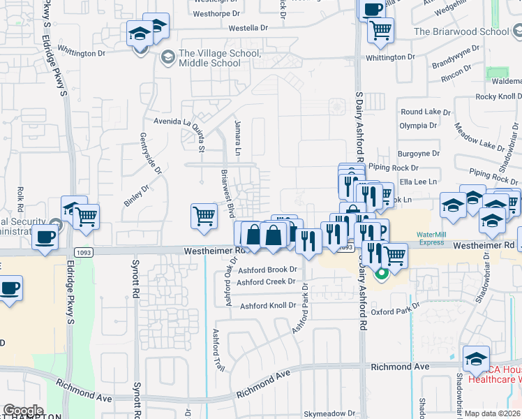 map of restaurants, bars, coffee shops, grocery stores, and more near 12800 Westheimer Road in Houston