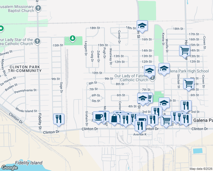 map of restaurants, bars, coffee shops, grocery stores, and more near 417 Mc Connico Drive in Galena Park