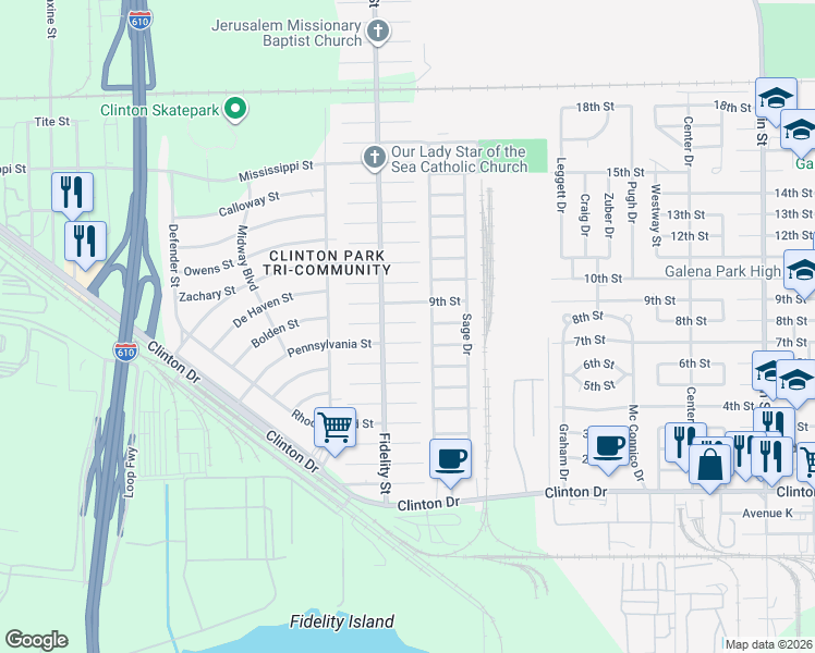 map of restaurants, bars, coffee shops, grocery stores, and more near 416 Pennsylvania Street in Houston