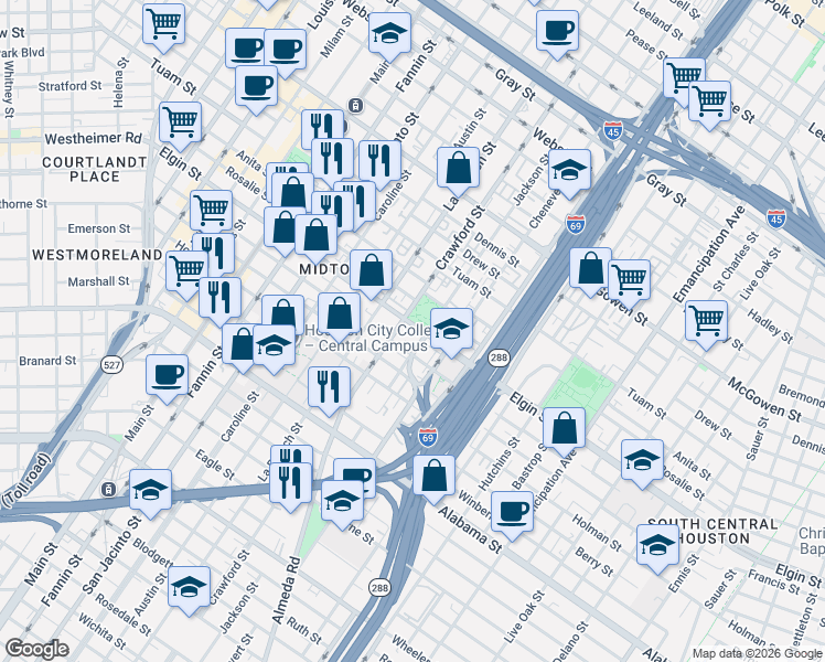 map of restaurants, bars, coffee shops, grocery stores, and more near 1629 Stuart Street in Houston
