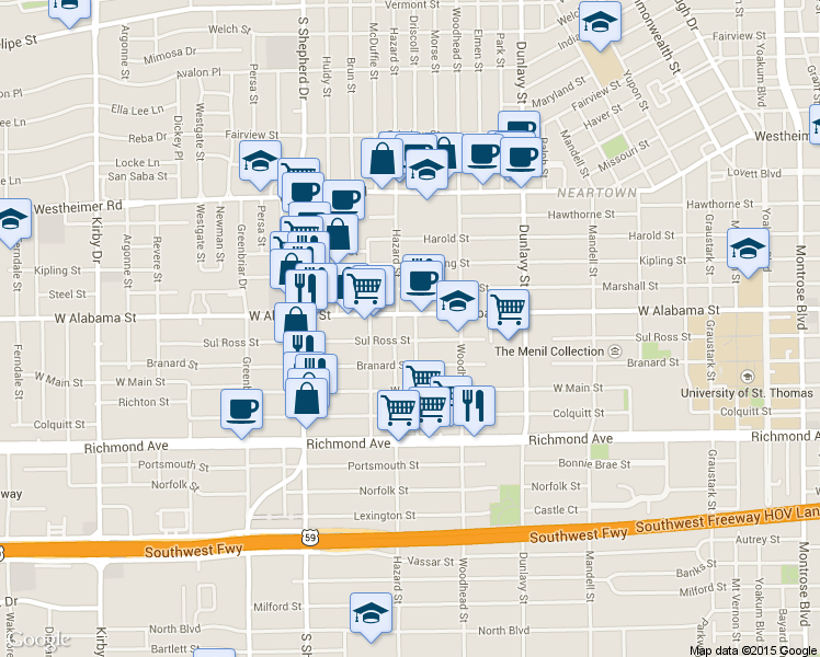 map of restaurants, bars, coffee shops, grocery stores, and more near 1831 Sul Ross Street in Houston