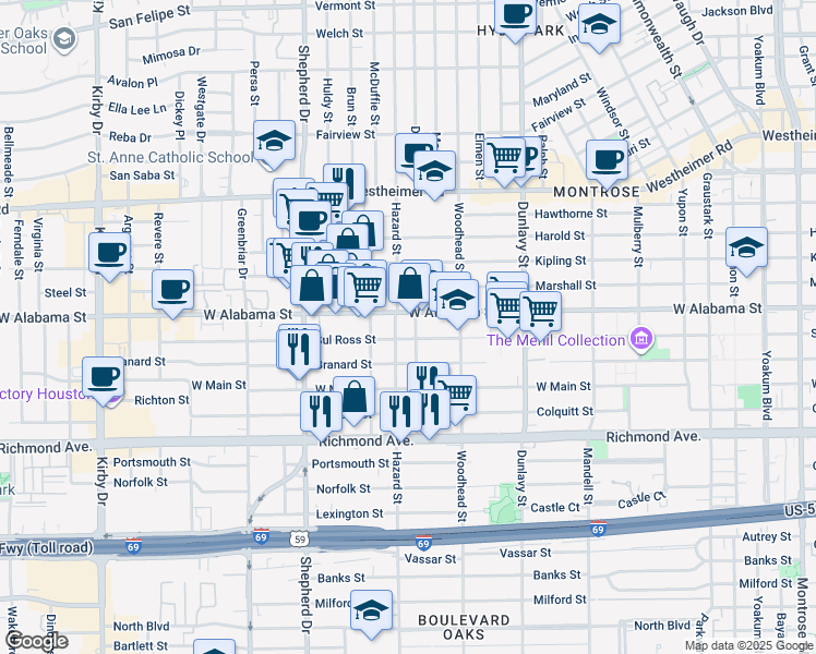 map of restaurants, bars, coffee shops, grocery stores, and more near 1831 Sul Ross Street in Houston