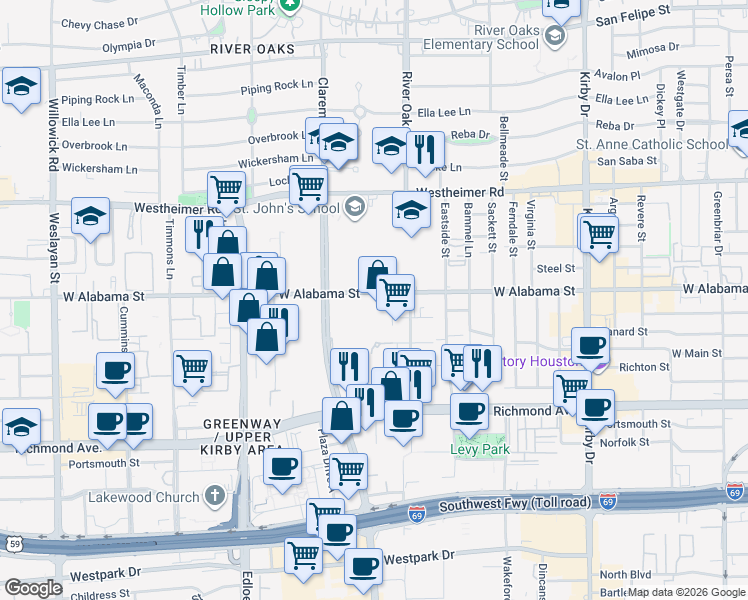 map of restaurants, bars, coffee shops, grocery stores, and more near 3111 Buffalo Speedway in Houston
