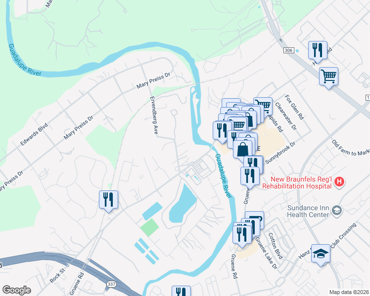 map of restaurants, bars, coffee shops, grocery stores, and more near 1235 Ervendberg Avenue in New Braunfels