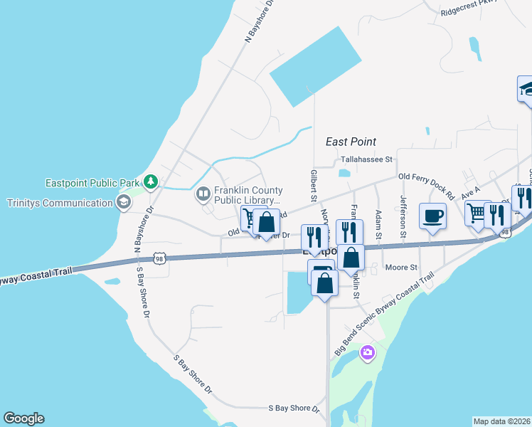 map of restaurants, bars, coffee shops, grocery stores, and more near 206 Old Ferry Dock Road in Eastpoint