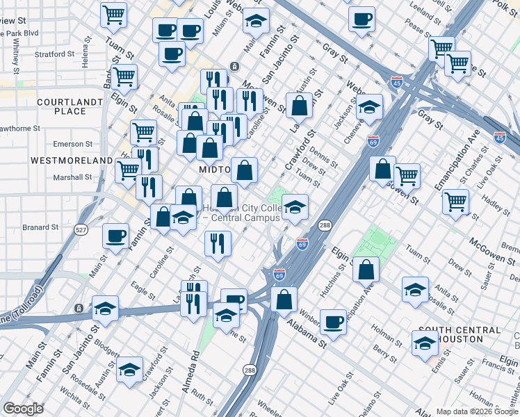 map of restaurants, bars, coffee shops, grocery stores, and more near 3213 Crawford Street in Houston