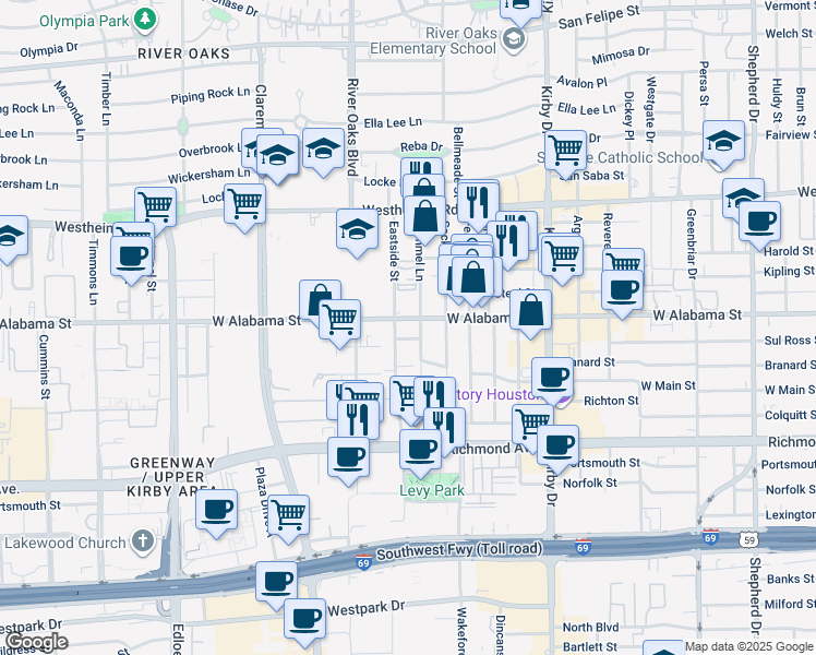map of restaurants, bars, coffee shops, grocery stores, and more near 3101 Bammel Lane in Houston