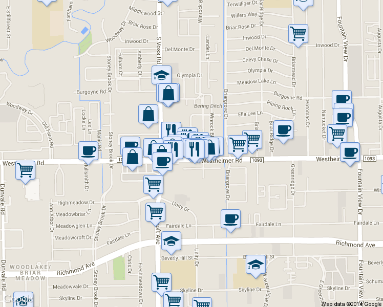 map of restaurants, bars, coffee shops, grocery stores, and more near 6427 Westheimer Road in Houston