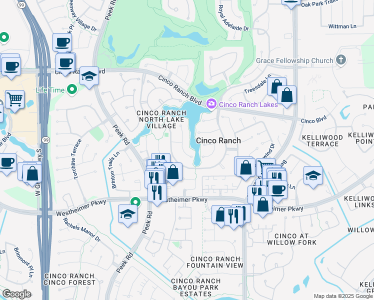 map of restaurants, bars, coffee shops, grocery stores, and more near 3418 Winding Lake Way in Katy