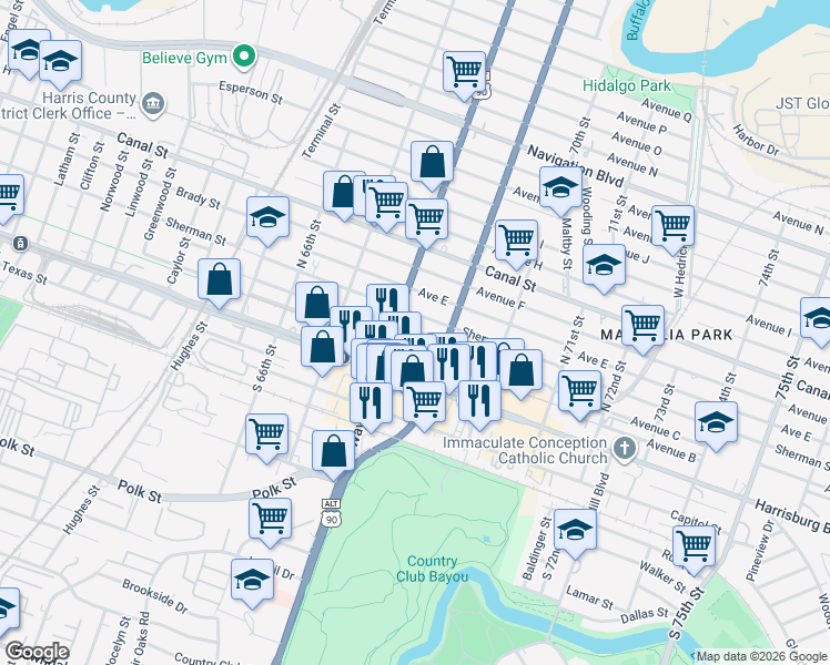 map of restaurants, bars, coffee shops, grocery stores, and more near 6819 Avenue C in Houston
