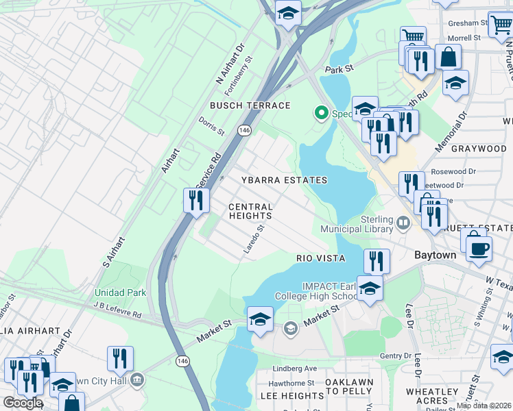 map of restaurants, bars, coffee shops, grocery stores, and more near 1900 West Humble Street in Baytown