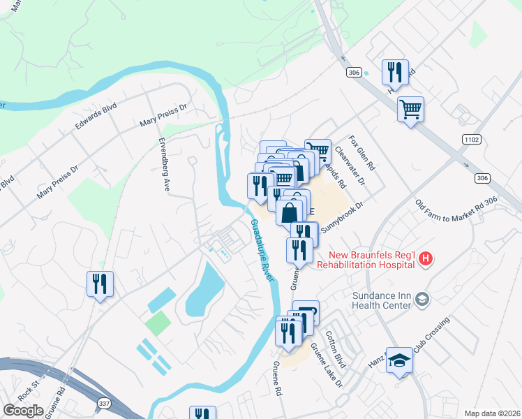 map of restaurants, bars, coffee shops, grocery stores, and more near 1287 Gruene Road in New Braunfels