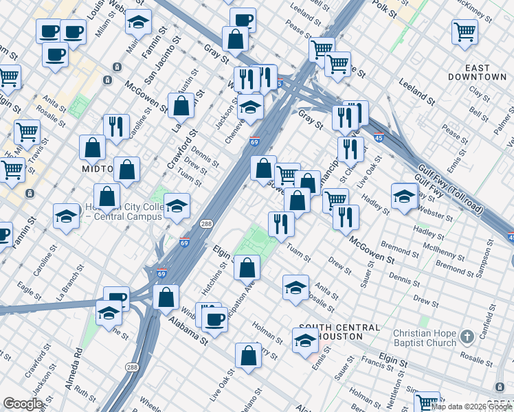 map of restaurants, bars, coffee shops, grocery stores, and more near 2121 Tuam Street in Houston