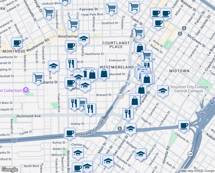 map of restaurants, bars, coffee shops, grocery stores, and more near 414 Branard Street in Houston