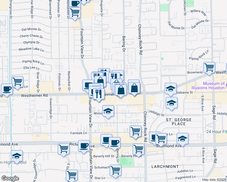 map of restaurants, bars, coffee shops, grocery stores, and more near 5825 Farm to Market 1093 in Houston