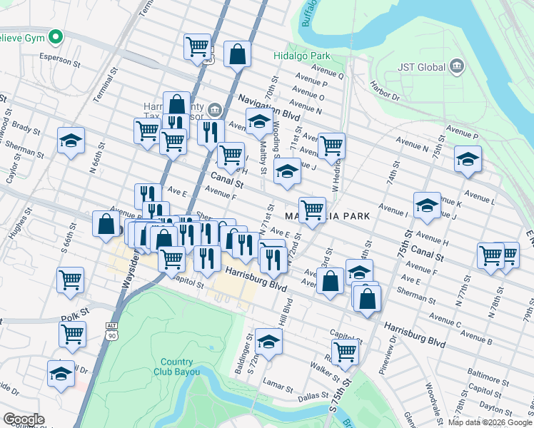 map of restaurants, bars, coffee shops, grocery stores, and more near 7044 Avenue E in Houston