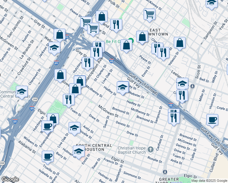 map of restaurants, bars, coffee shops, grocery stores, and more near 3000 Trulley Street in Houston
