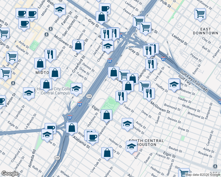 map of restaurants, bars, coffee shops, grocery stores, and more near 2121 Tuam Street in Houston