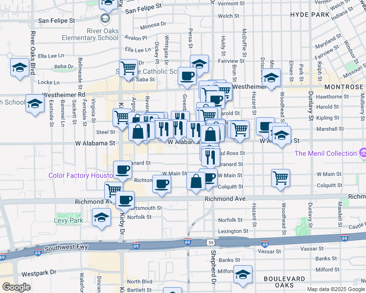 map of restaurants, bars, coffee shops, grocery stores, and more near 2209 Sul Ross Street in Houston