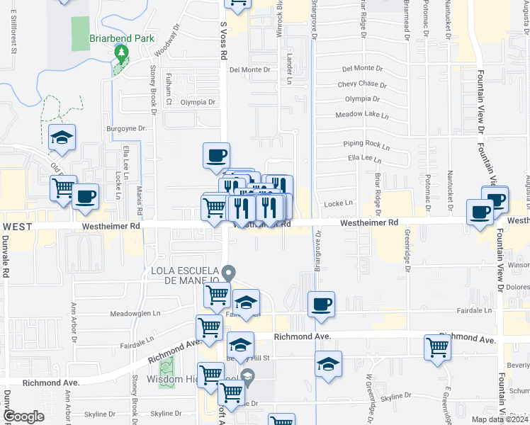 map of restaurants, bars, coffee shops, grocery stores, and more near 6427 Westheimer Road in Houston