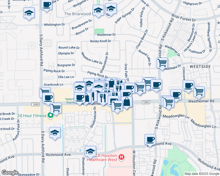 map of restaurants, bars, coffee shops, grocery stores, and more near 12250 Westheimer Road in Houston