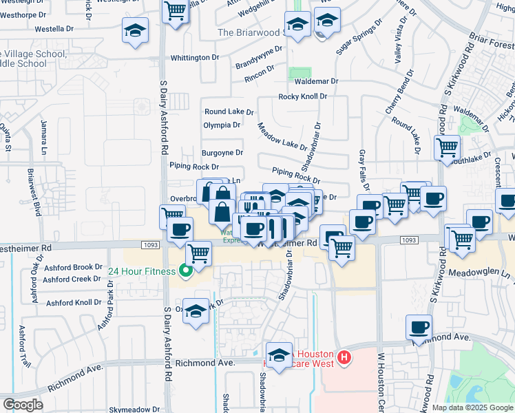 map of restaurants, bars, coffee shops, grocery stores, and more near 12350 Westheimer Road in Houston