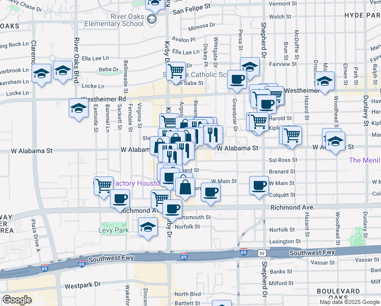 map of restaurants, bars, coffee shops, grocery stores, and more near 2409 West Alabama Street in Houston