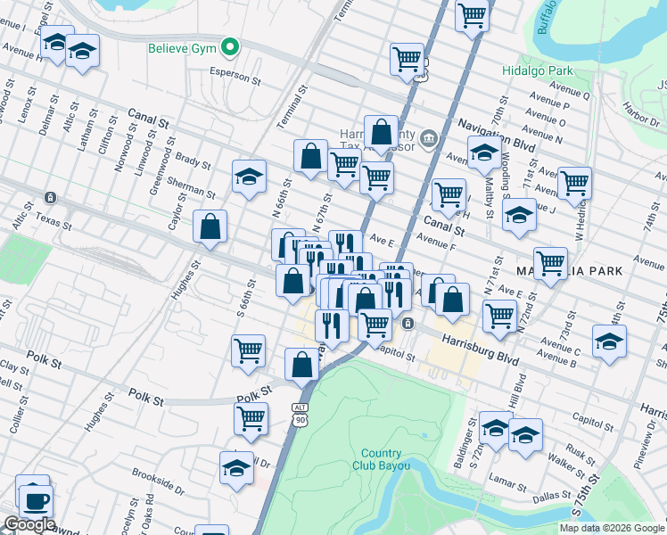 map of restaurants, bars, coffee shops, grocery stores, and more near in Houston
