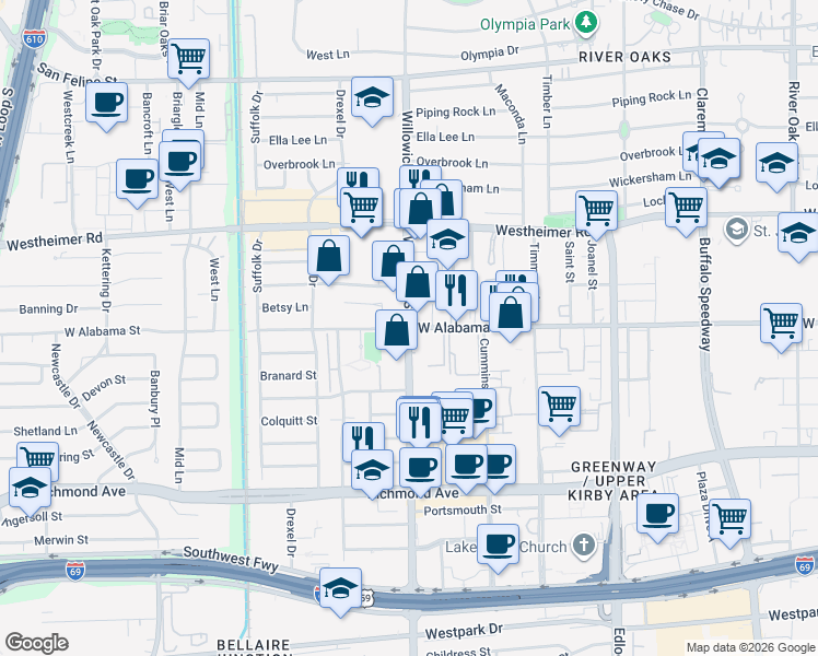 map of restaurants, bars, coffee shops, grocery stores, and more near W Alabama St & Weslayan St in Houston