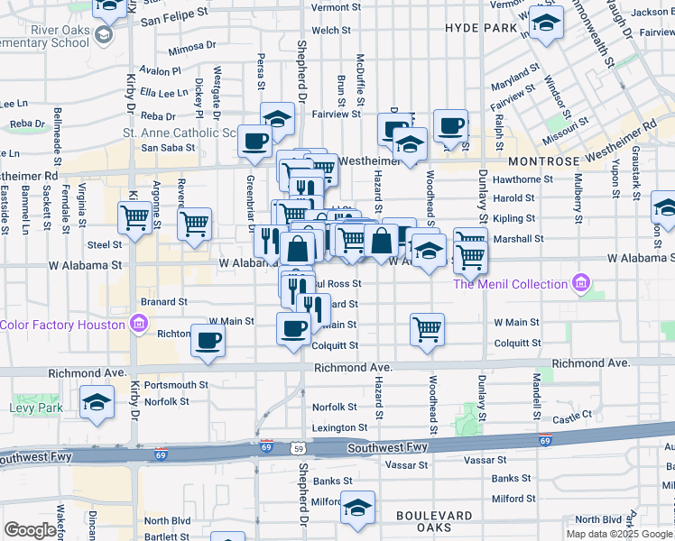 map of restaurants, bars, coffee shops, grocery stores, and more near 2021 Sul Ross Street in Houston
