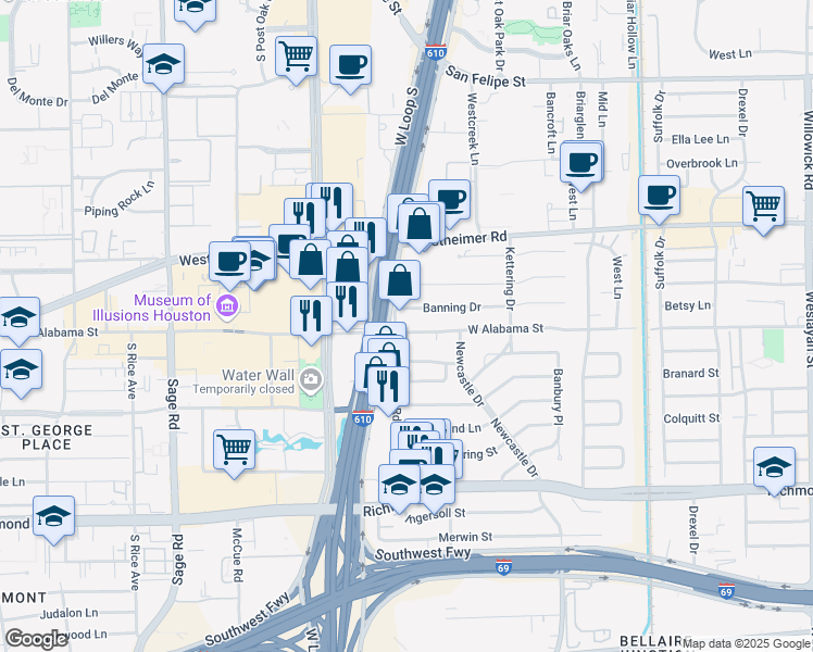 map of restaurants, bars, coffee shops, grocery stores, and more near 4727 West Alabama Street in Houston